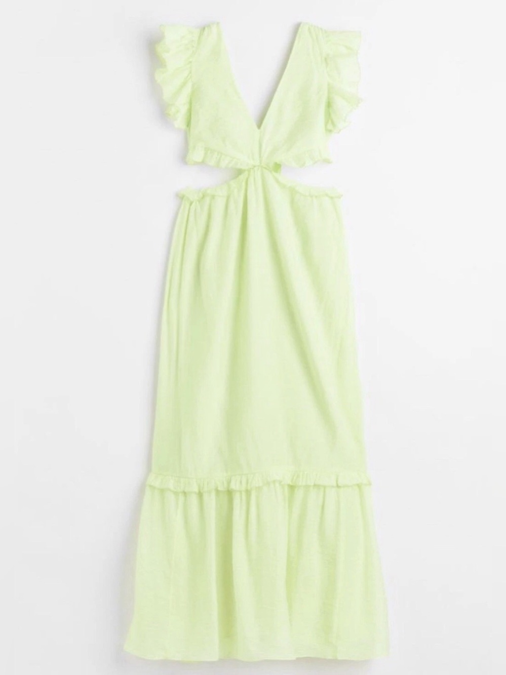 NWT H&M Lime Green Cutout Ruffle Maxi Dress Open Back Tiered Summer Size M Cute